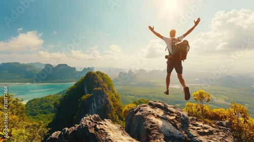 Hiker standing at the top of the mountain celebrating with arms up, facing away from camera