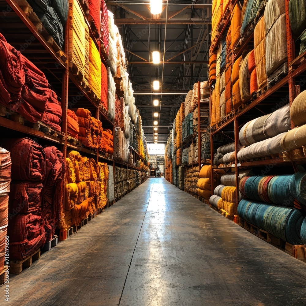 The warehouse, neatly organized with rolls of fabrics ready for shipping, and staff efficiently handling and preparing orders.