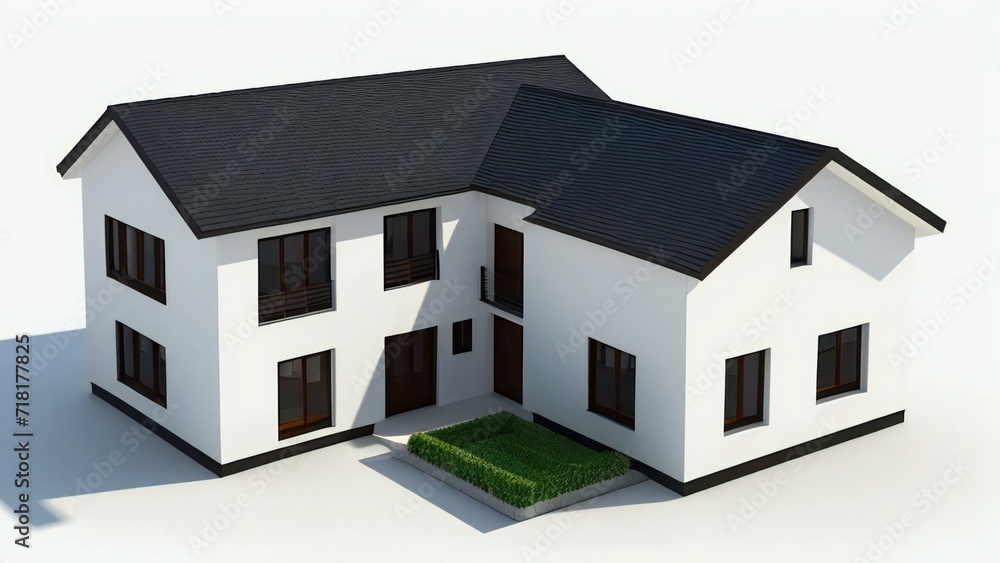 Minimalistic 3D model of a house in white, set on a neutral gray background. Concept for real estate or property.