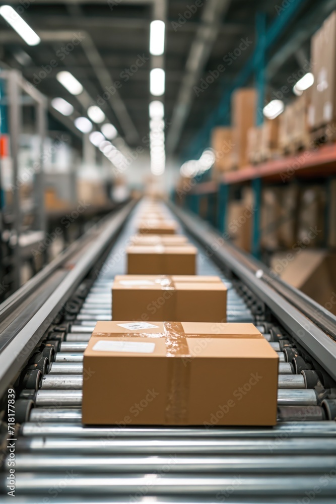 Vertical image of logistic distribution centre warehouse rows of multiple cardboard packages moving along a conveyor belt