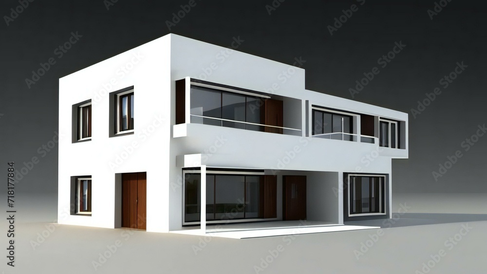 Minimalistic 3D model of a house in white, set on a neutral gray background. Concept for real estate or property.