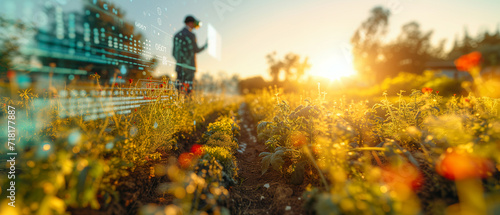Agriculture and agronomist working in greenhouse at sunset photo