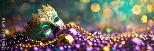 Mardi Gras Mask and beads in purple, green, and gold. Banner for holiday celebration