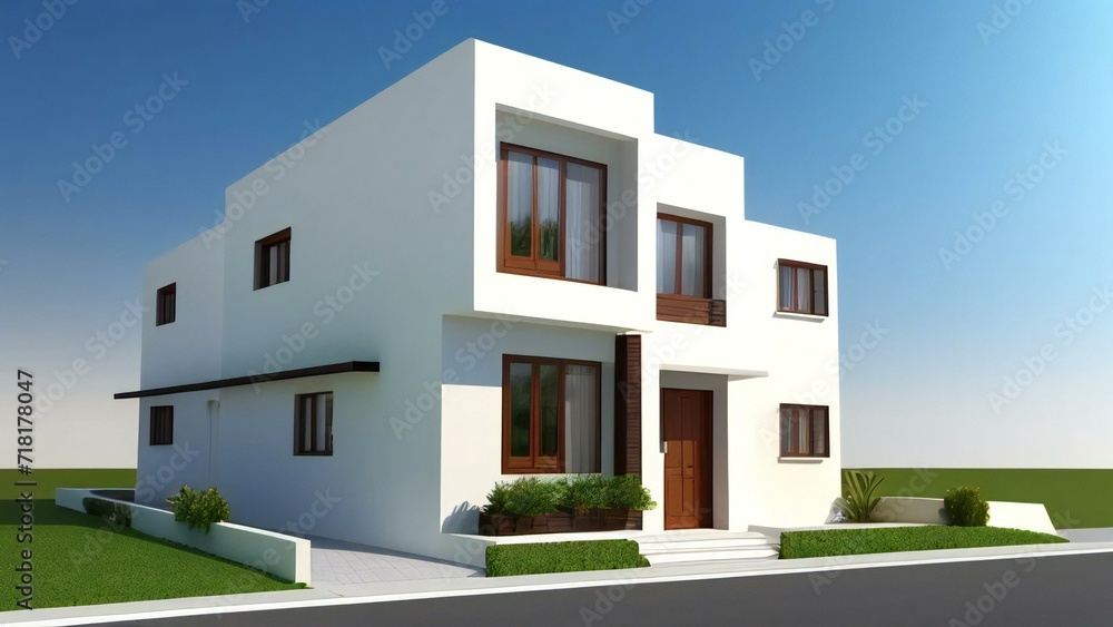 Minimalistic 3D model of a house in white, set on a neutral gray background. Concept for real estate or property.