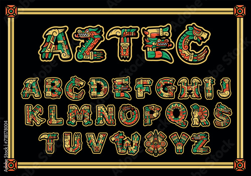 Alphabet in Aztec, Mayan or Inca style. With symbols of Native Americans with the faces of a warrior, a conqueror, a leopard skull. Suitable for graffiti, logos. Vector text on dark background