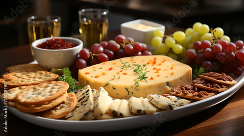 various types of cheese in wooden box on white wooden table, top view