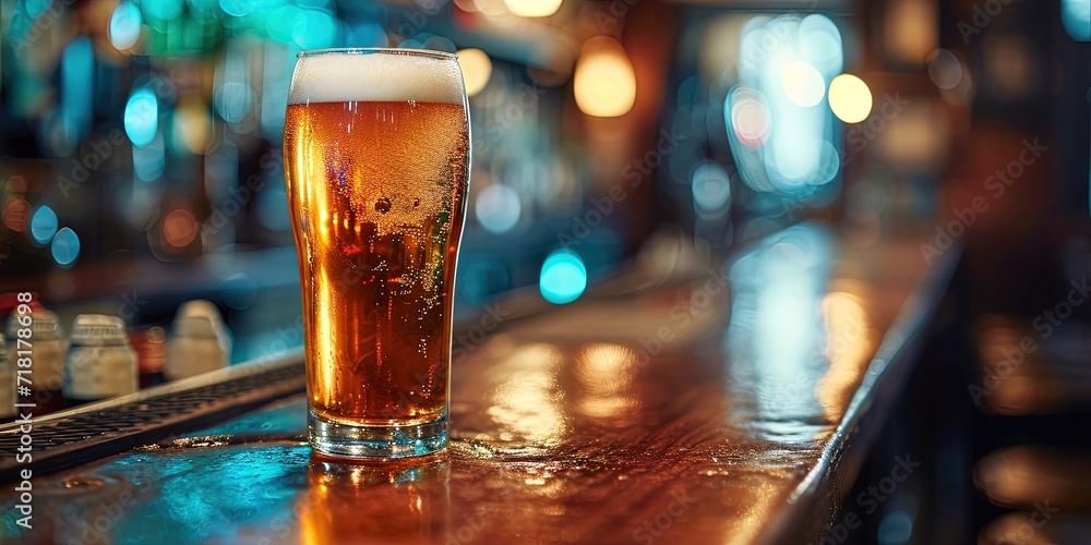 glass of frosty beer on bar counter glass of frosty beer on bar counter