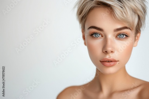 Gorgeous short haired blonde with gray eyes, clear glowing skin, doing nourishing skin care, spa at home