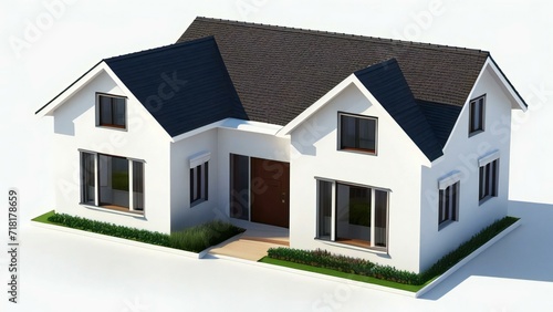 Charming, modern 3D house design with an inviting front porch. Concept for real estate or property. © samsul