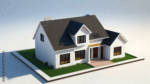 Charming, modern 3D house design with an inviting front porch. Concept for real estate or property.