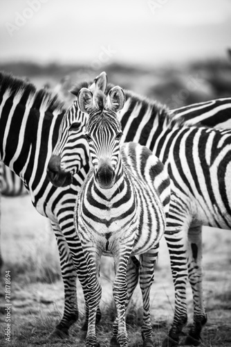 black and white portrait of a baby zebra within the flock