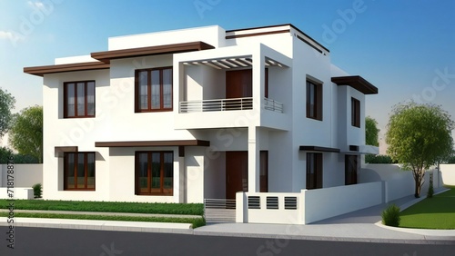 Charming, modern 3D house design with an inviting front porch. Concept for real estate or property. © home 3d
