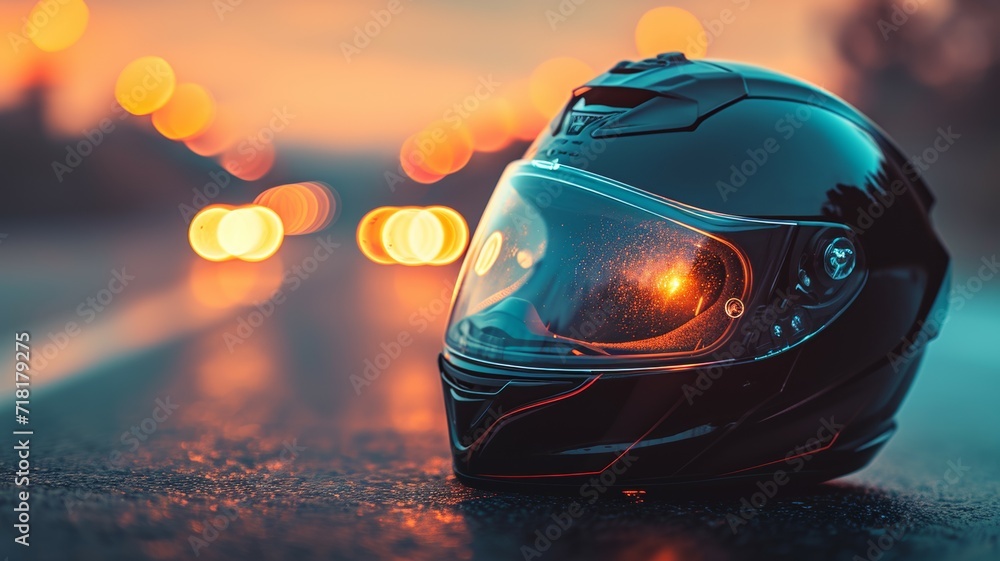 Motorcycle helmet with beautiful sunset background
 - obrazy, fototapety, plakaty 