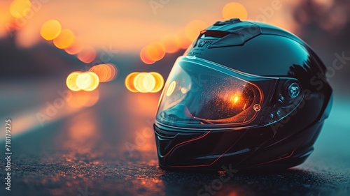 Motorcycle helmet with beautiful sunset background
 photo