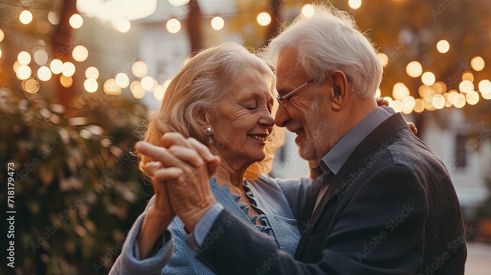Senior elderly couple dancing in the backyard during the winter