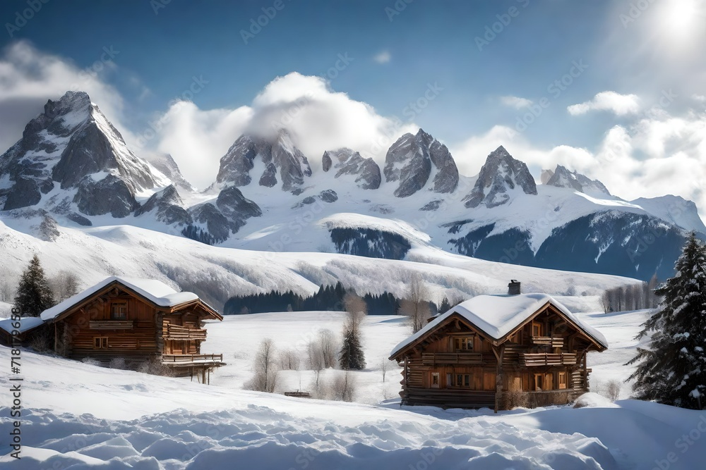 A serene alpine meadow blanketed with fresh snow