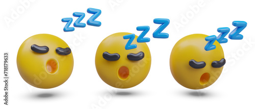 Set of realistic sleeping emoticons. Yellow head closed its eyes and snored. Comic character yawns. Time to sleep. Boring, uninteresting. Modern icons