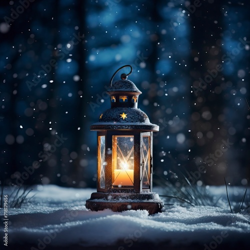 Glowing Lantern in Moonlit Winter Night  © CREATIVE STOCK
