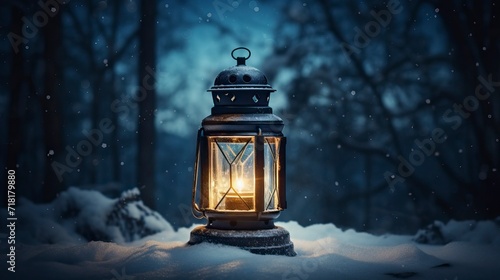 Glowing Lantern in Moonlit Winter Night 