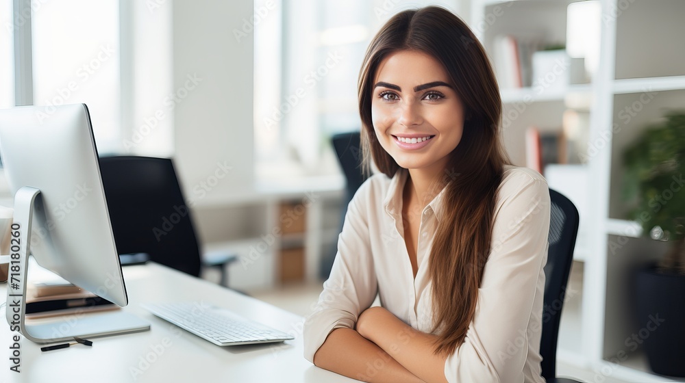 The portrait of a young brunette woman sitting at a white desk in front of a computer at home is close up. The portrait of a young brunette woman sitting at a white desk in front of a computer at home is close up.