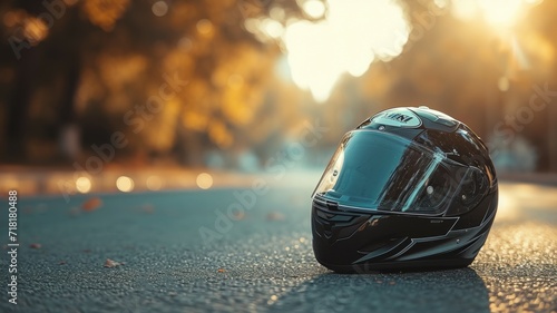 Motorcycle helmet with beautiful sunset background
 photo