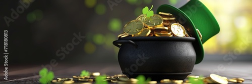 pot of gold coins and shamrocks with a leprechaun hat photo