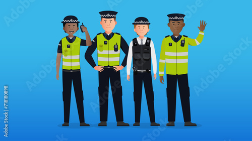 Simple flat police officers vector characters concept. Friendly policeman and policewoman, smiling and waving. Easy to edit flat modern trendy style.