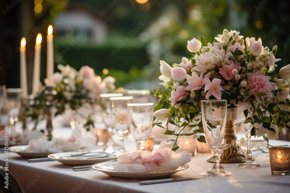 Crockery, glasses, candles on a table set for a banquet. Crockery, glasses, candles on a table set for a banquet.