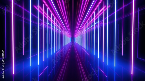 The underground tunnel is lit up with blue and pink neon light tubes in a 3d rendering.
