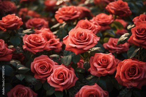Top view of rose flowers as a background close up Backdrop of colorful roses , Floral art made of colorful artificial roses in view, AI Generated