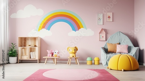 colorful children's room with white walls and furniture, featuring a rainbow carpet and a view through the window. © pvl0707