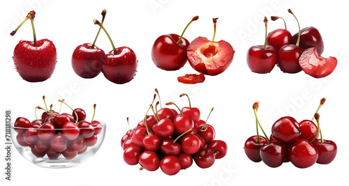 Red cherry cherries, many angles and view side top front heap pile bunch isolated on transparent background cutout, PNG file. Mockup template for artwork graphic design	
 photo