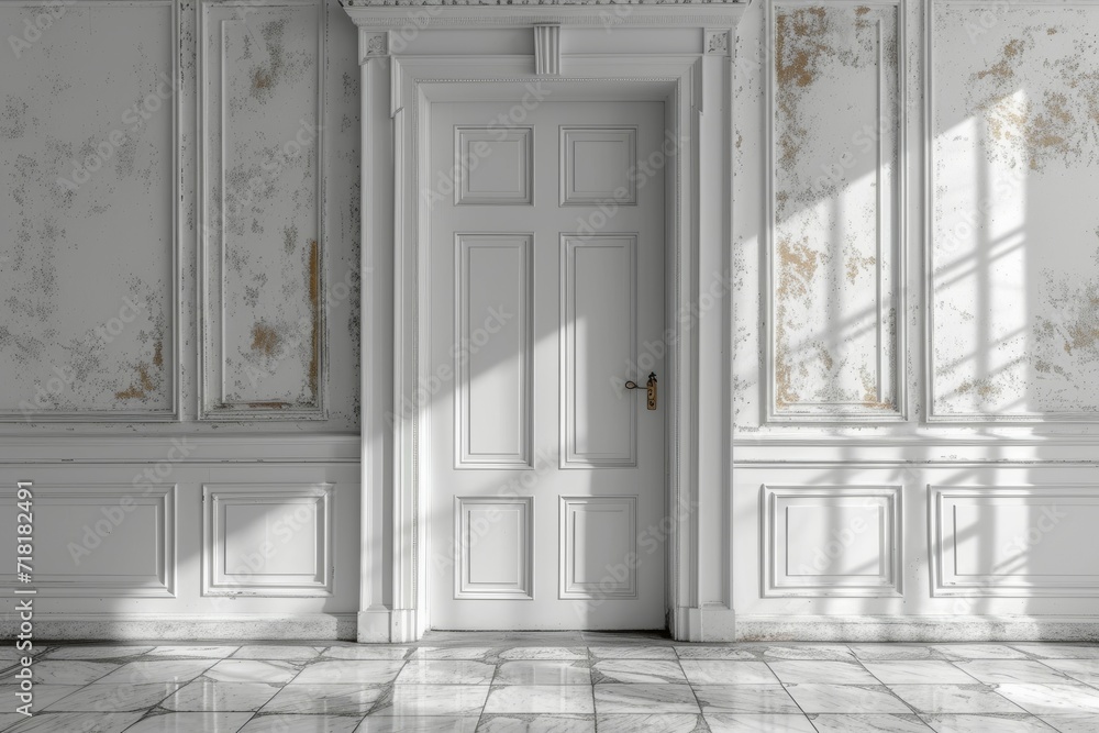 Classic white interior with wooden floor and door - obrazy, fototapety, plakaty 
