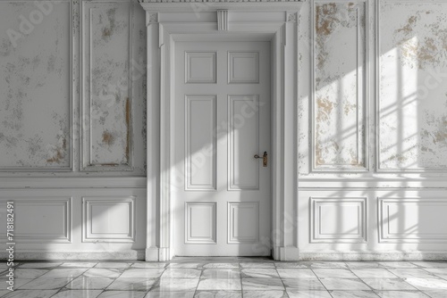 Classic white interior with wooden floor and door