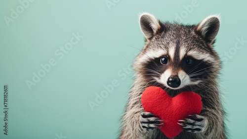 Love concept on a teal stuffed raccoon with a red heart