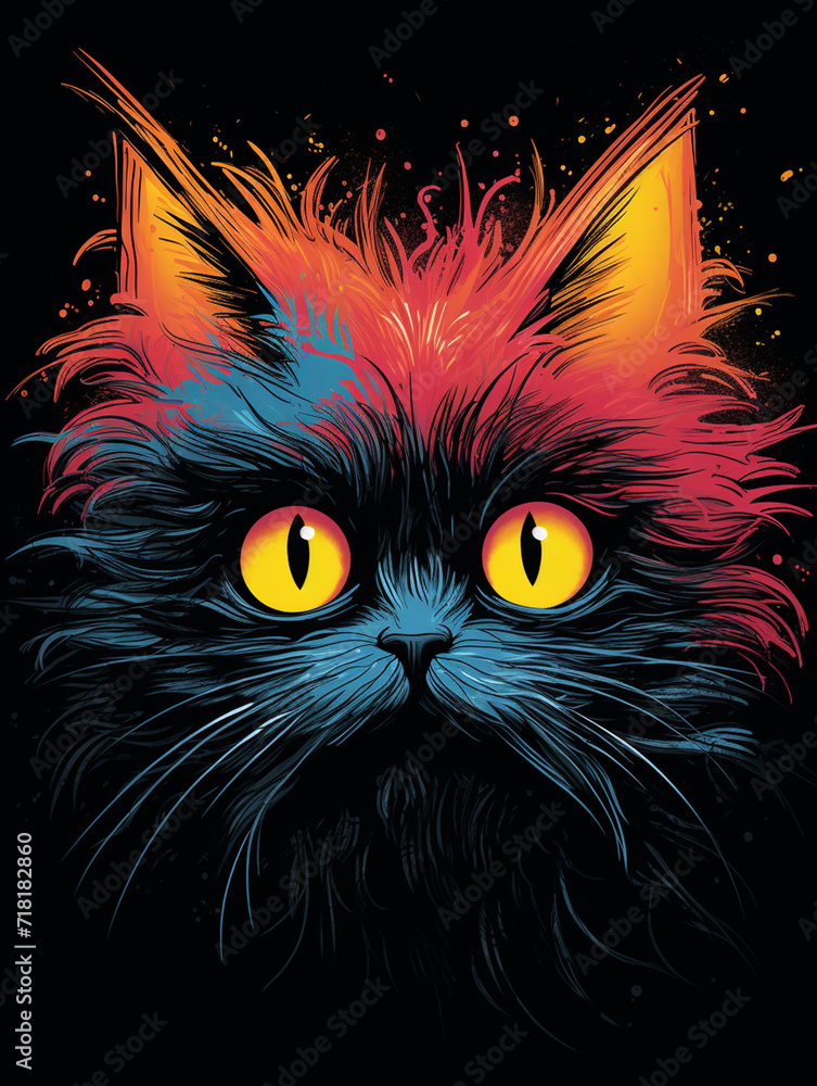 T-shirt design, Rainbow frazzled cat on black chalkboard children's drawing illustration minimalistic сreated with Generative Ai