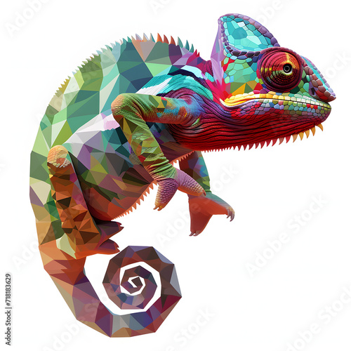 Colorful geometric chameleon design on a white background