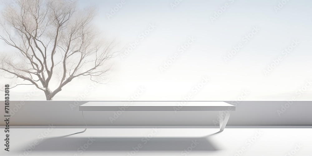 Obraz premium Minimal white wooden table with tree shadow backdrop, ideal for product presentation and display.