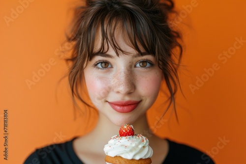 Beautiful women holding small cake on orange, peach fuzz background