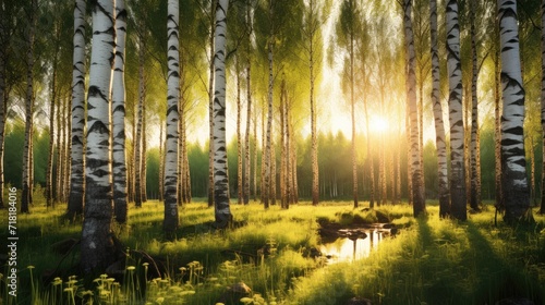 birch tree forest bathed in morning light.