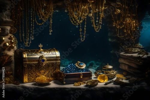 Underwater scene with a treasure chest surrounded by sparkling gold and jewels,