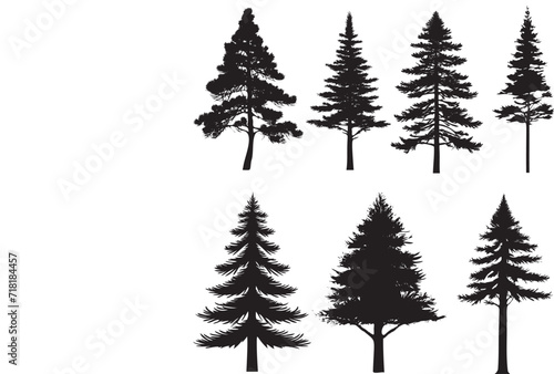 Trees set silhouette. Coniferous forest. Isolated tree on white background.