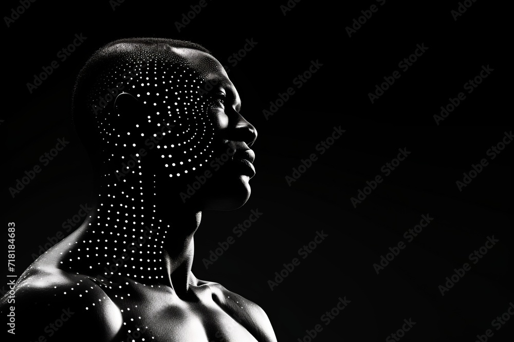 abstract illustration, head of a dark-skinned man on a black background, concept of professional sports and strength, copy space, black background