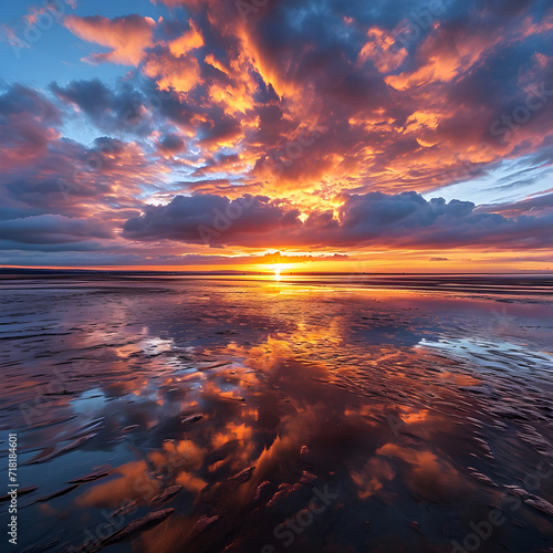 Stunning image of a vibrant sunset with clouds reflected on the wet sand during low tide.