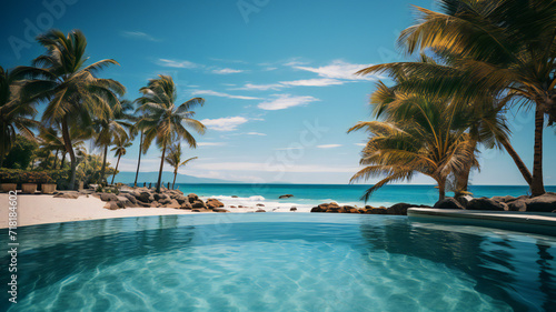 resort at a hotel. Tranquil scene of a swimming pool and beach with palm trees and white sand. Travel  vacation background
