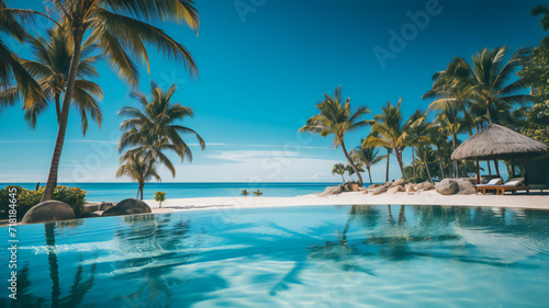 resort at a hotel. Tranquil scene of a swimming pool and beach with palm trees and white sand. Travel, vacation background © Oleksandra