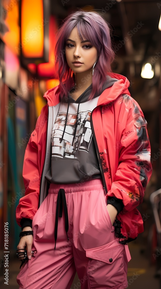 Graceful Japanese girl in streetwear, her attire complementing the energetic vibes of a lively pink backdrop