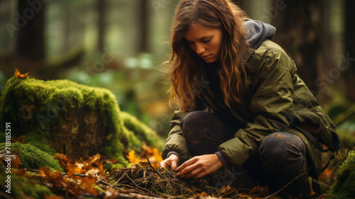 girl in the forest, woods. Woman tourist cuts wooden stick with knife in forest. Bushcraft Survival and Scouting Concept
