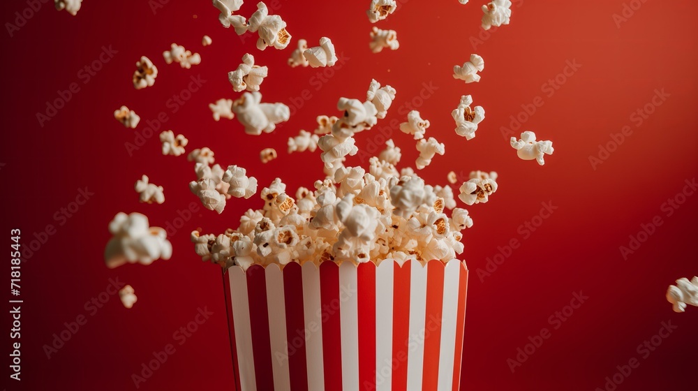paper bag with popcorn flying around on a red background, cinema