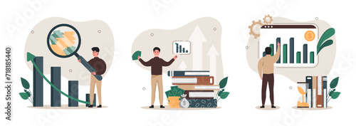 Finance growth illustration set. Сharacter analyzes the growth of income from investments, celebrates his success and acquires new knowledge. Money increasing concept. Vector illustration.